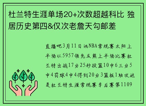 杜兰特生涯单场20+次数超越科比 独居历史第四&仅次老詹天勾邮差