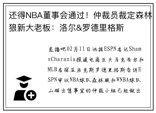 还得NBA董事会通过！仲裁员裁定森林狼新大老板：洛尔&罗德里格斯